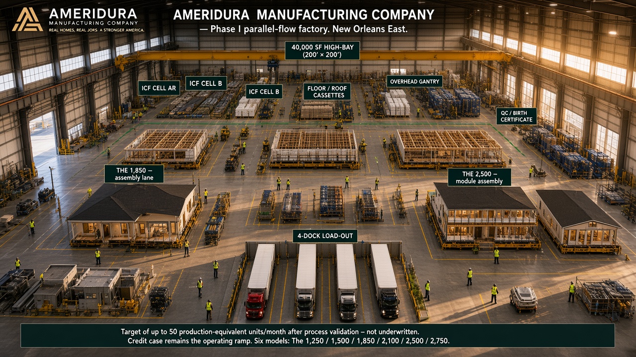 Interior of the 40,000 SF Ameridura high-bay — The 1,850 and The 2,500 at true scale, overhead gantry, four docks.