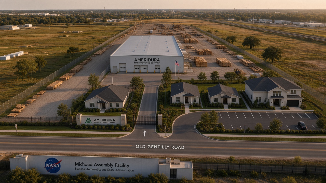 Ameridura Phase I campus on Old Gentilly across from NASA Michoud — truck gate west, visitor gate east, The 1,250 demonstration pad at the street, 40,000 SF high-bay set back on the 207-foot strip.