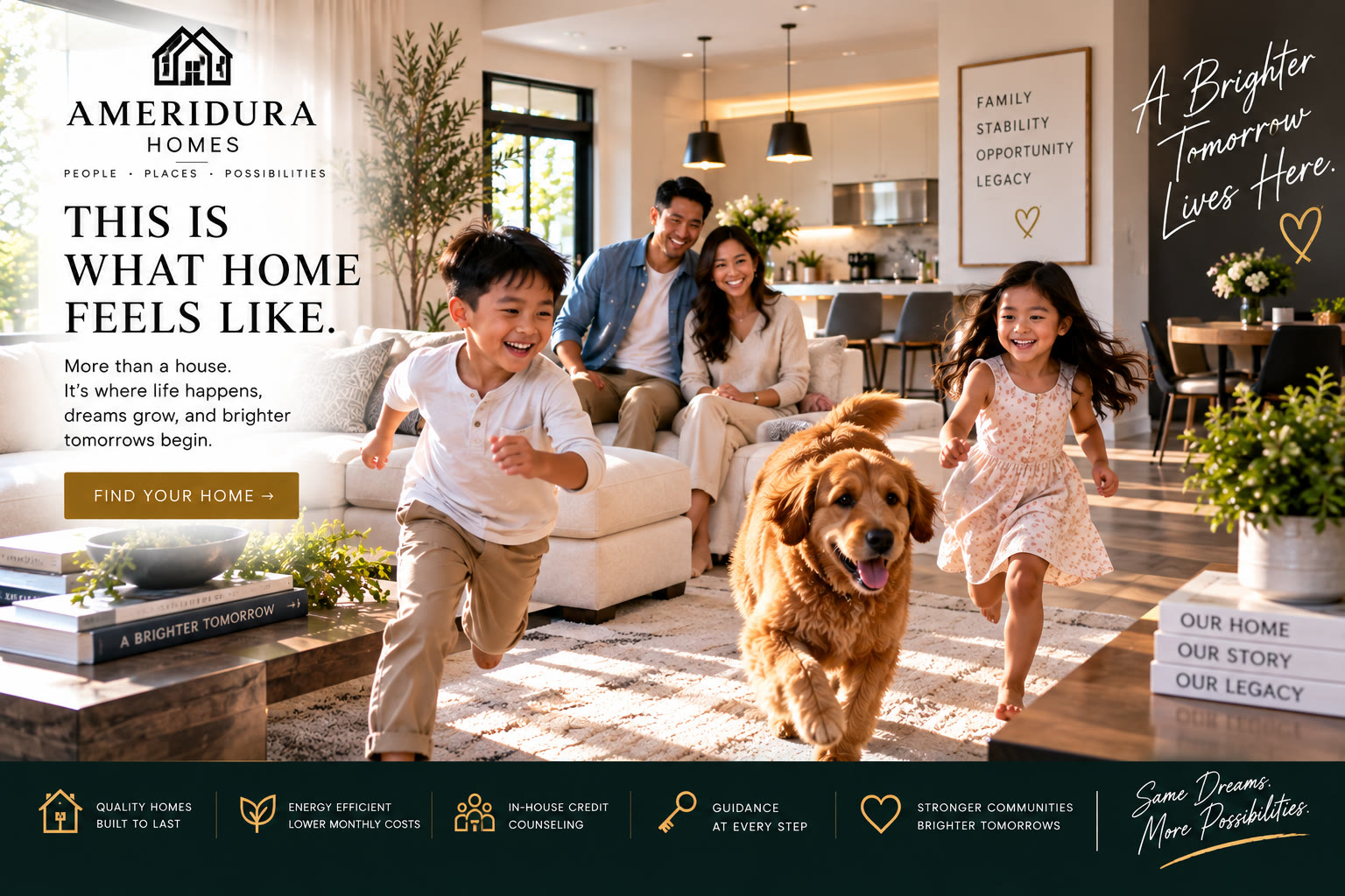 Children and their parents laughing in a sunlit Ameridura living room as the family dog runs through